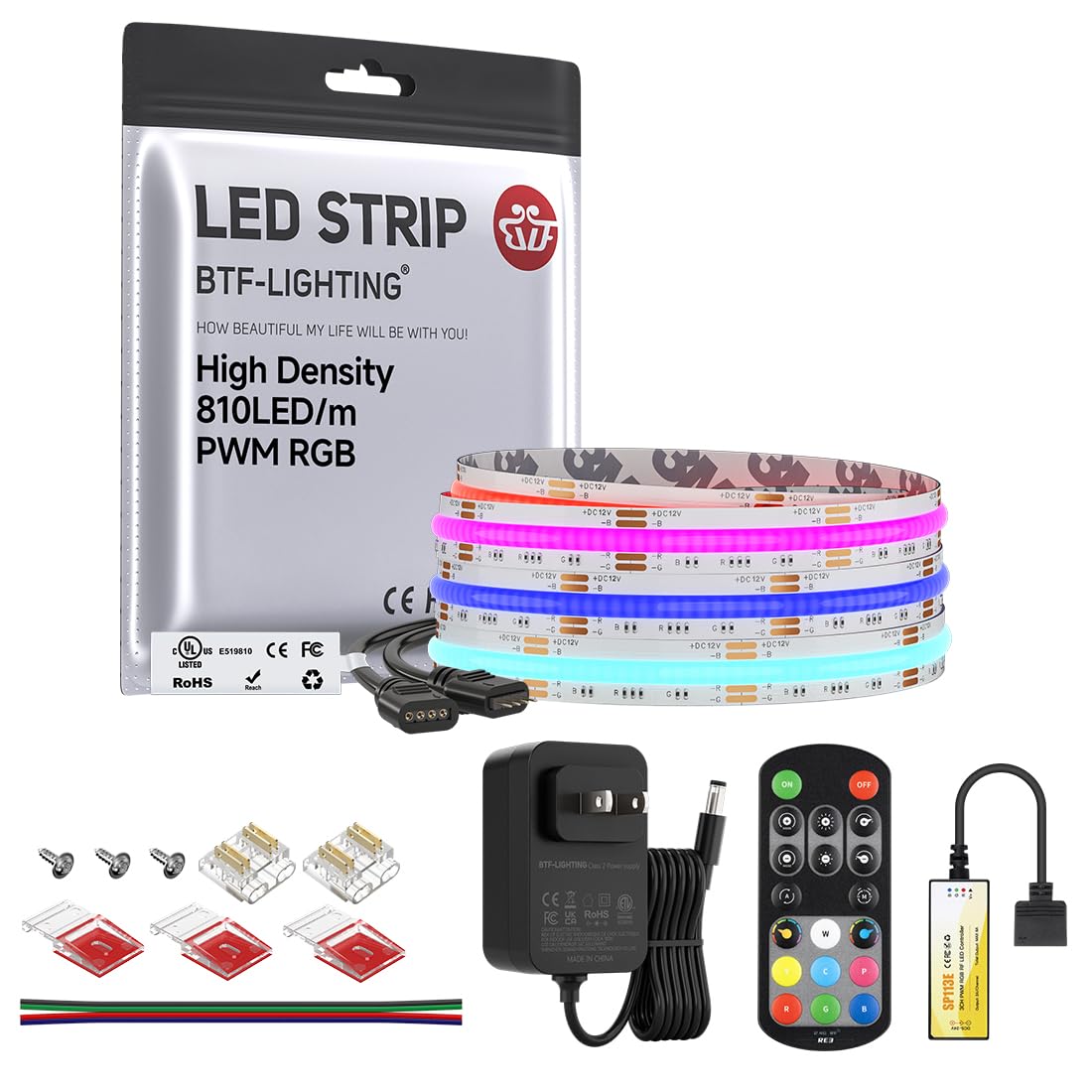 BTF-LIGHTING 9.8FT RGB Color Changing UL Listed DC12V COB LED Strip Kit