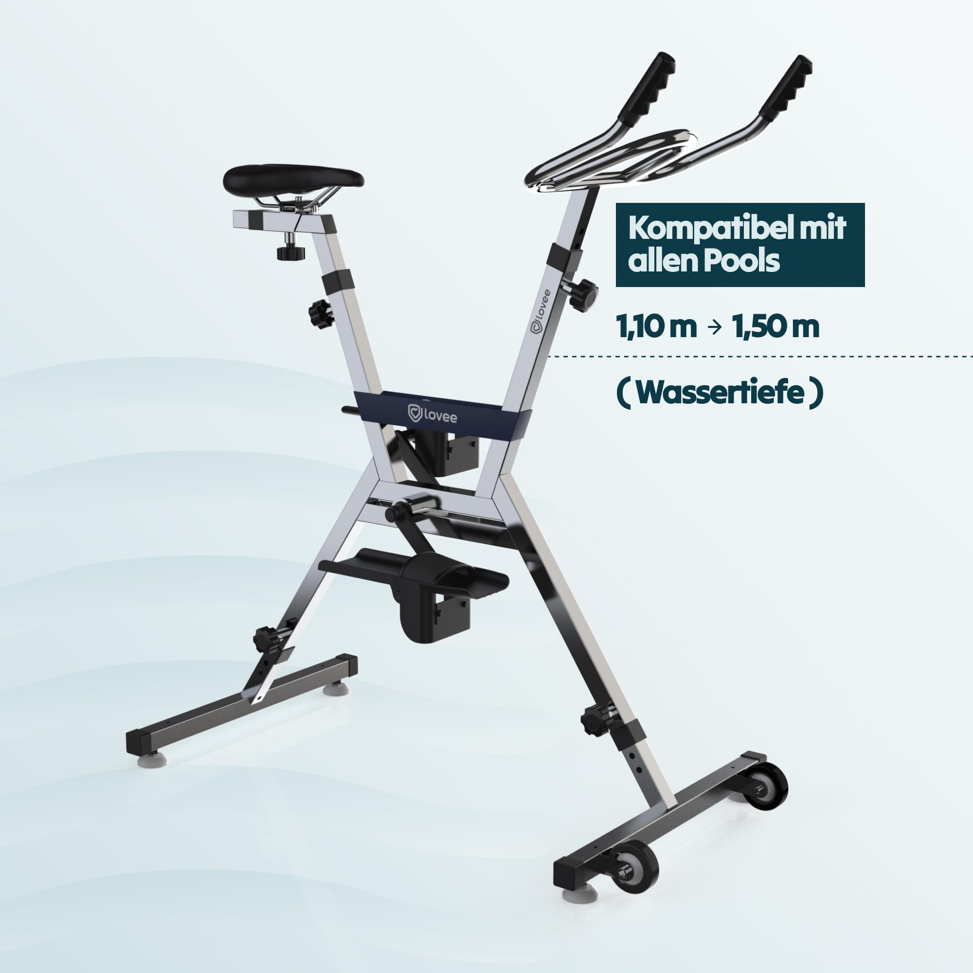 LOVEE Aquabike V2 Pool-Fahrrad, doppelter Modus, Sport und Komfort – Edelstahl 316, Chlor- und Meerwasserbeständigkeit – verwendbar auf allen Beschichtungen – 1,10 m bis 1,50 m Tiefe