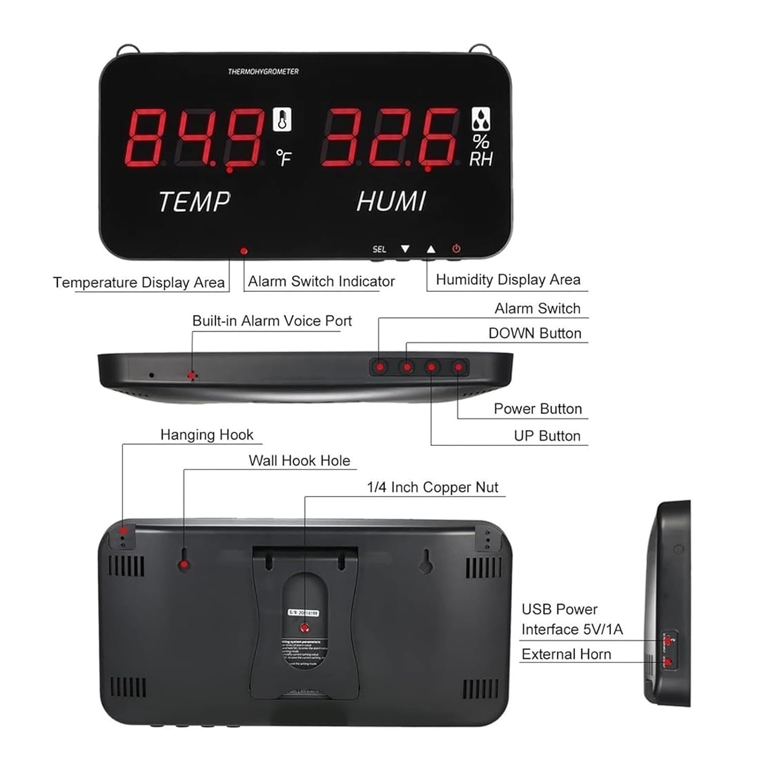 Cyfrowy termometr LCD 33.0 cm, montowany na ścianie, miernik wilgotności temperatury z czujnikiem 5 m, funkcja alarmu, zakres -20-80°C, do zastosowań przemysłowych, rolniczych.