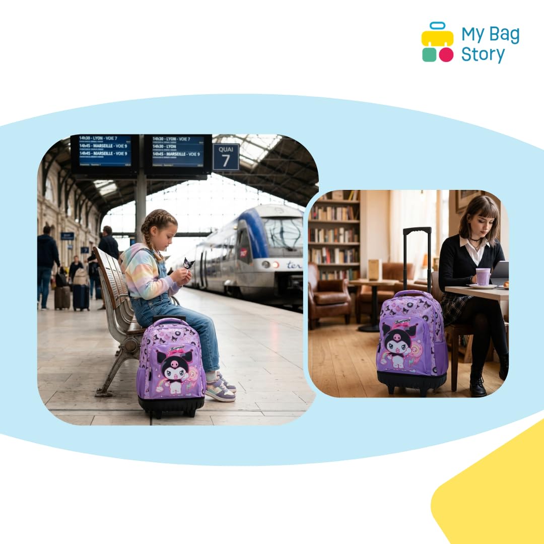mybagstory | Mochila con ruedas Kuromi | Mochila escolar 3 compartimentos | Escuela Primaria Niña y Niño | Morado de Alta Resistencia | Ideal para regresar a la escuela y CP CE1 CE2