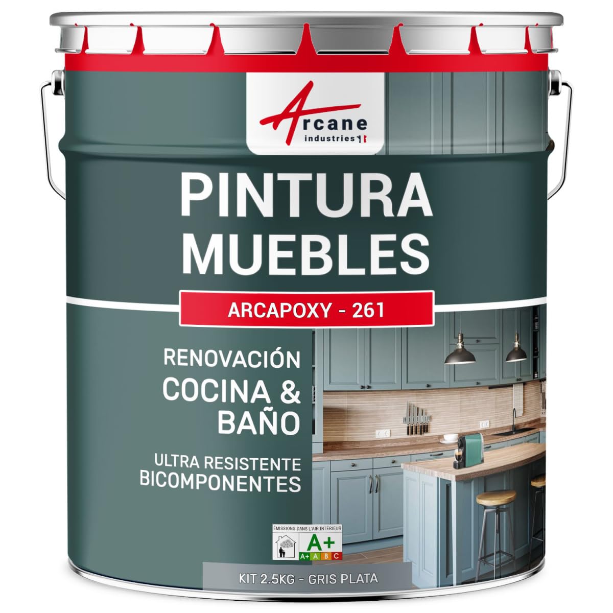 Pintura para muebles de cocina, encimera y baño - ARCAPOXY - 261-2,5 kg (hasta 30 m² en 2 capas) Gris Plata - RAL 7001 - ARCANE INDUSTRIES