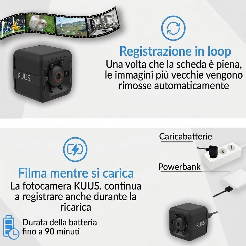 KUUS. C1 Mini Telecamera Spia Nascosta Più Piccola Europa 2,3cm Senza WiFi Full HD 1080P, Visione Notturna, Rilevamento Movimento, SD 32 GB Class 10 U3 Inclusa