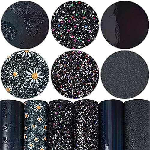 7 Pieces/Set 8x12 Inch (21cm x 30cm) A4 Bundle Leather Sheets Mixed Black Series Fine Chunky Glitter Litchi Patent Embossing Faux Leather Fabric for Bow Earring Making DIY Craft