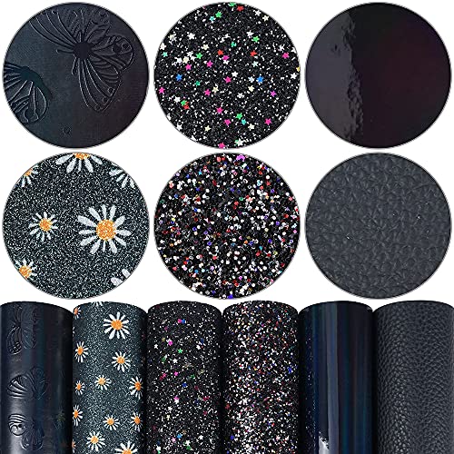 Litchi 6 Pack 8x12 Inch Faux Leather Sheets for Bow Earring, Easy to Cut Vinyl Fabric for Cricut, Durable Fade Resistant Leatherette Without Smell, Black