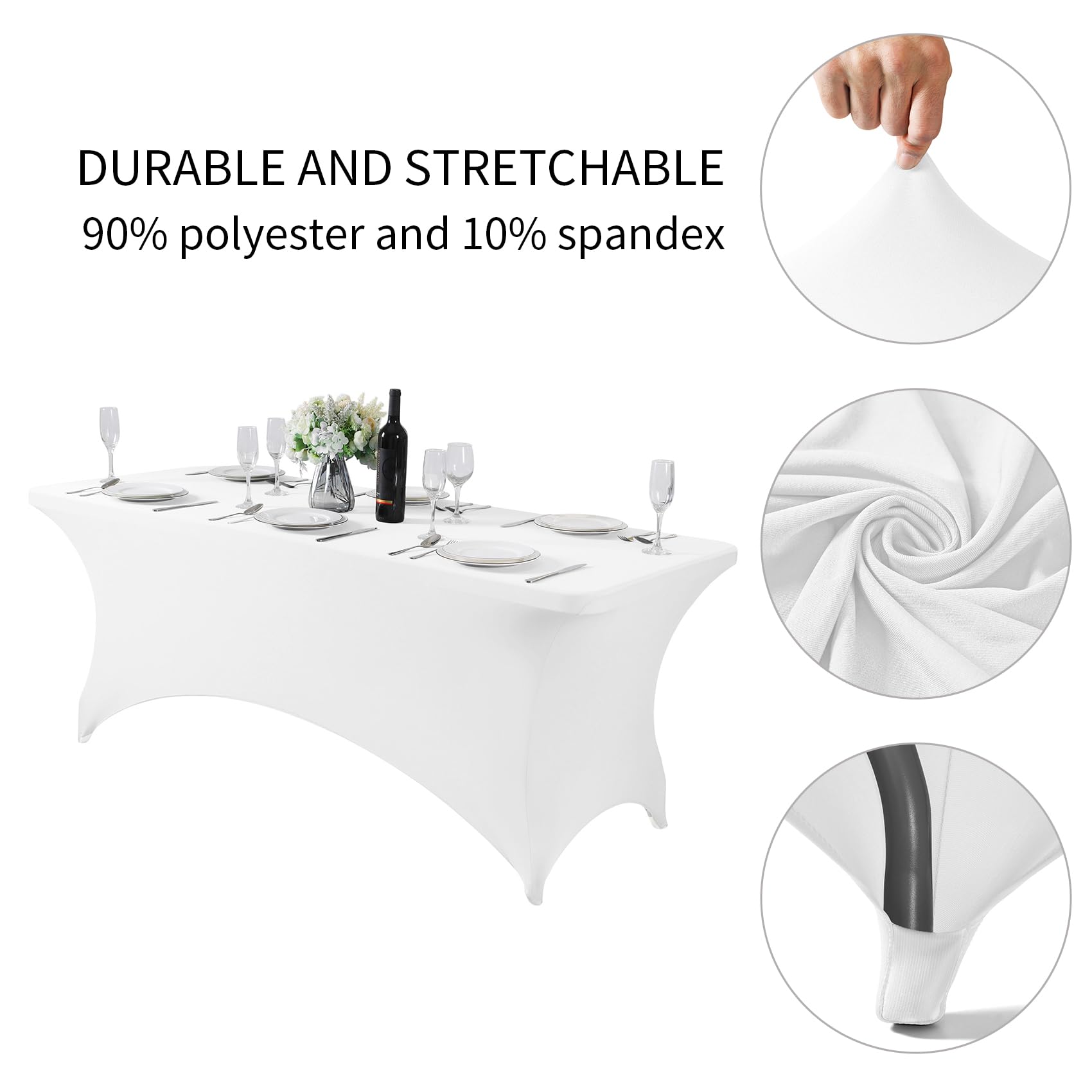 Fokitut Paquete de 6 manteles de elastano para mesas de 6 pies, ajustables, universales, elásticos, para fiestas, banquetes, bodas y eventos, color blanco