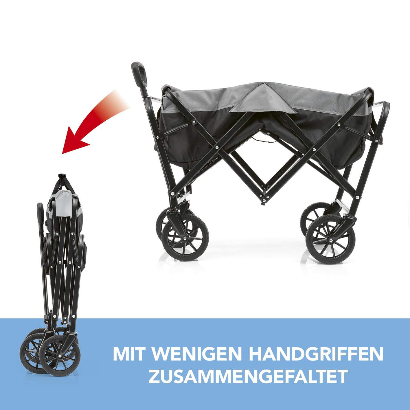 EASYmaxx Bollerwagen faltbar | Klappbarer Handwagen | Transportkarre bis 80 kg belastbar | Kompaktes Design | Ausziehbarer Griff | 360° Vorderräder | Für Ausflüge, Garten, Festivals [Schwarz/Grau]
