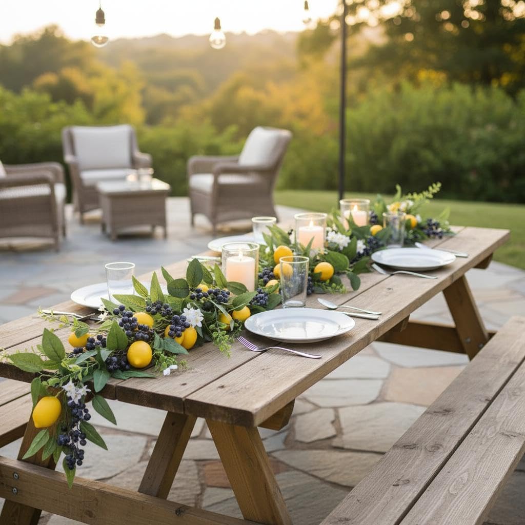 6 FT Artificial Lemon Garland with Lemons, Blueberries, Green Leaves & White Flowers for Front Door, Mantel, Fireplace, Table, Wedding, Home Party Decor