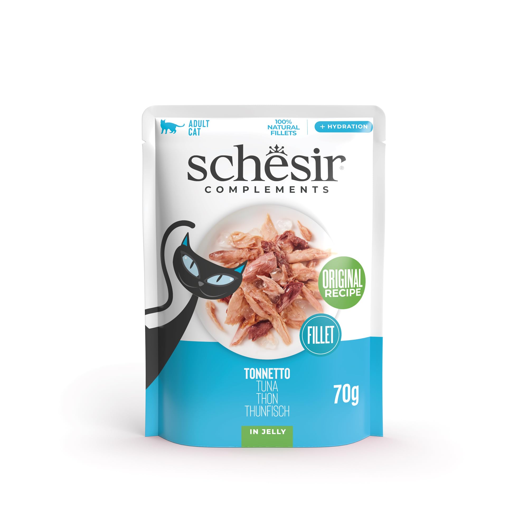 Schesir, Filety z tuńczyka w galaretce, uzupełniająca mokra karma dla kotów, oryginalna receptura, 100% naturalny, 12 torebek po 70 g