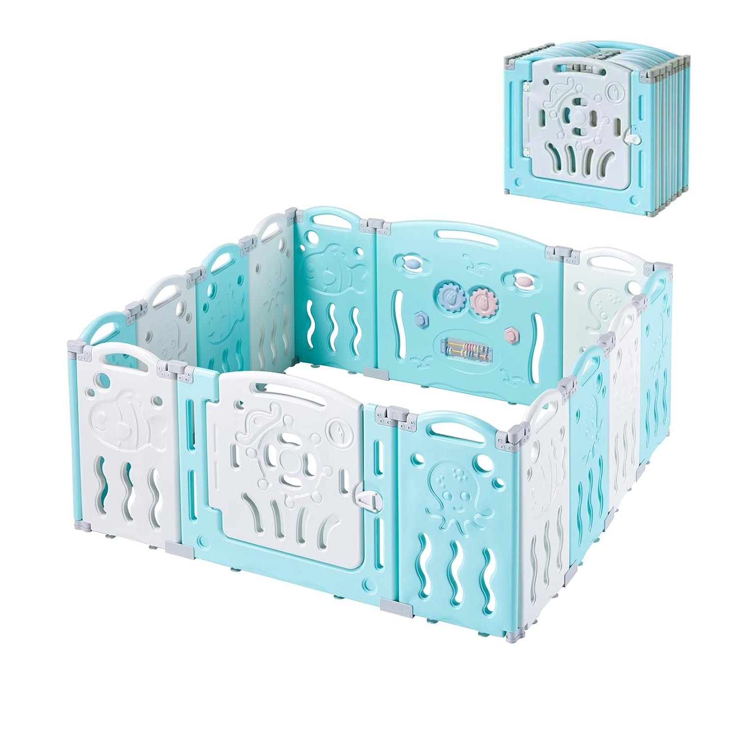 Albott Baby Fence Play Yard Baby Playpen 14 Panels - Kids Safety Play Center Yard Game Panel and Gate with Safety Lock Adjustable Shape for Children Toddlers Indoors or Outdoors 25 Sq Ft(Blue+White)