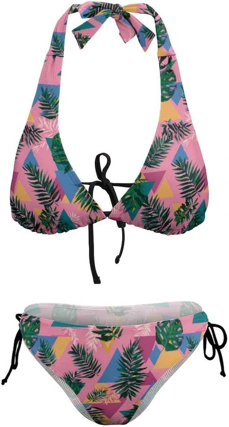 80s Triangles Tropical Leaves Novelty Women's 2 Piece String Bikini Set Swimsuits Bathing Suit Swimwear