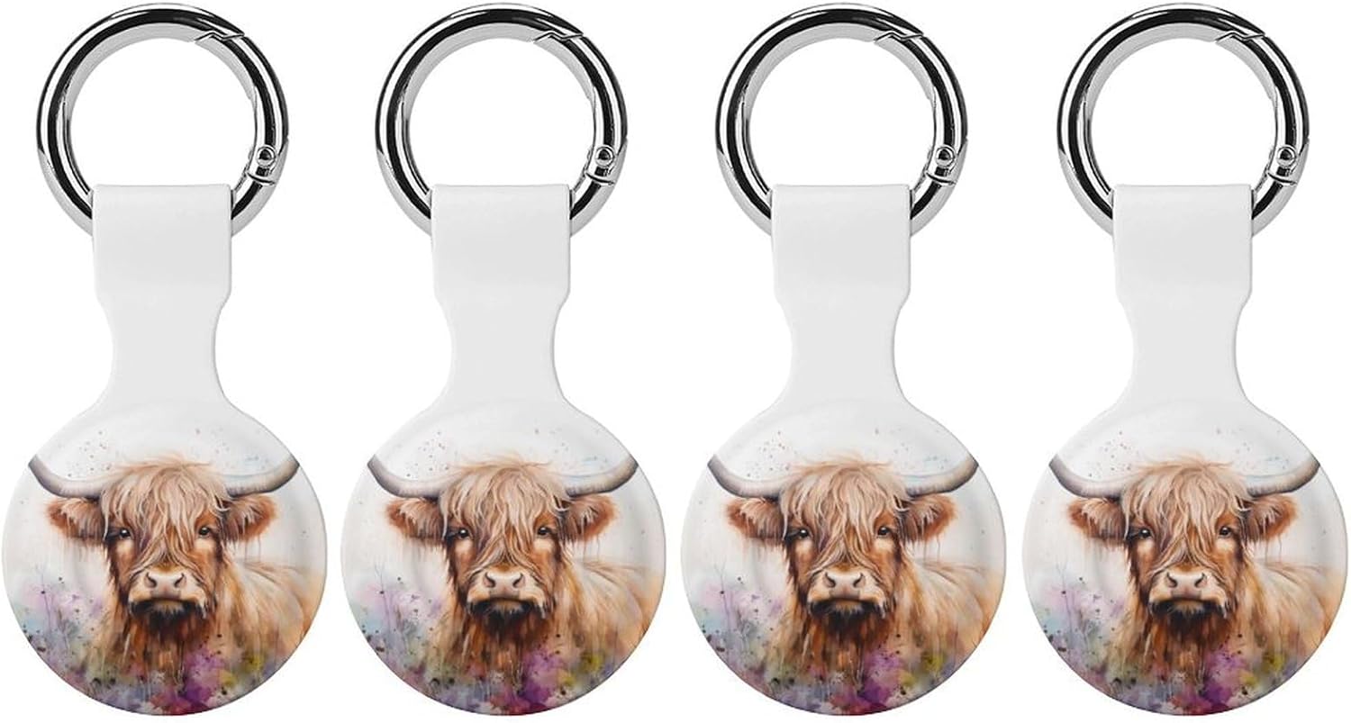 Highland Cow Watercolour Funny Cover Compatible with AirTag Case Protector GPS Tracker Storage Bag Box with Keychain Novelty Gifts