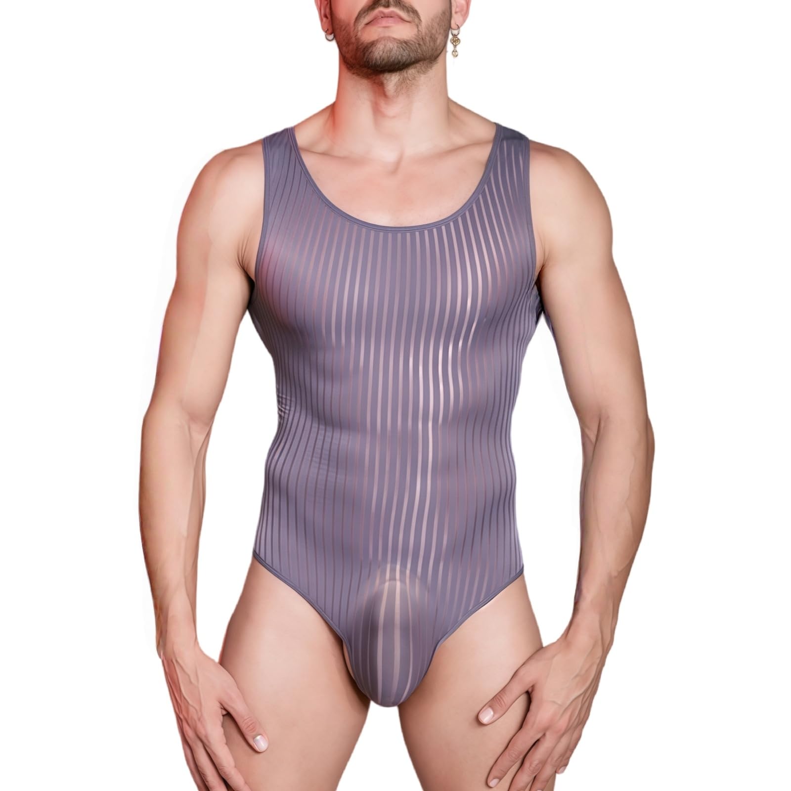Hybursky Men's Sleeveless Leotard Bodysuit See Through Striped One Piece Jumpsuits Undershirt Mens Lingerie Bodysuits Sheer Mesh Wrestling Singlet Party Clubwear Nightwear, Grey
