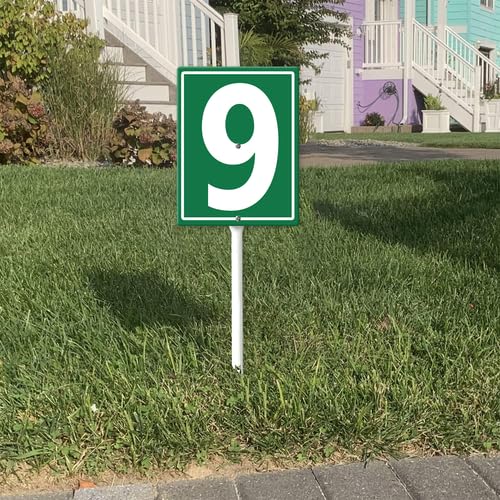 Cartello verde numero 9, numero civico con paletti, 17,5 x 22 cm, robusto cartello da cortile in alluminio, cartelli numerati per esterni, per parcheggi, molo, campo, corridoio, campo