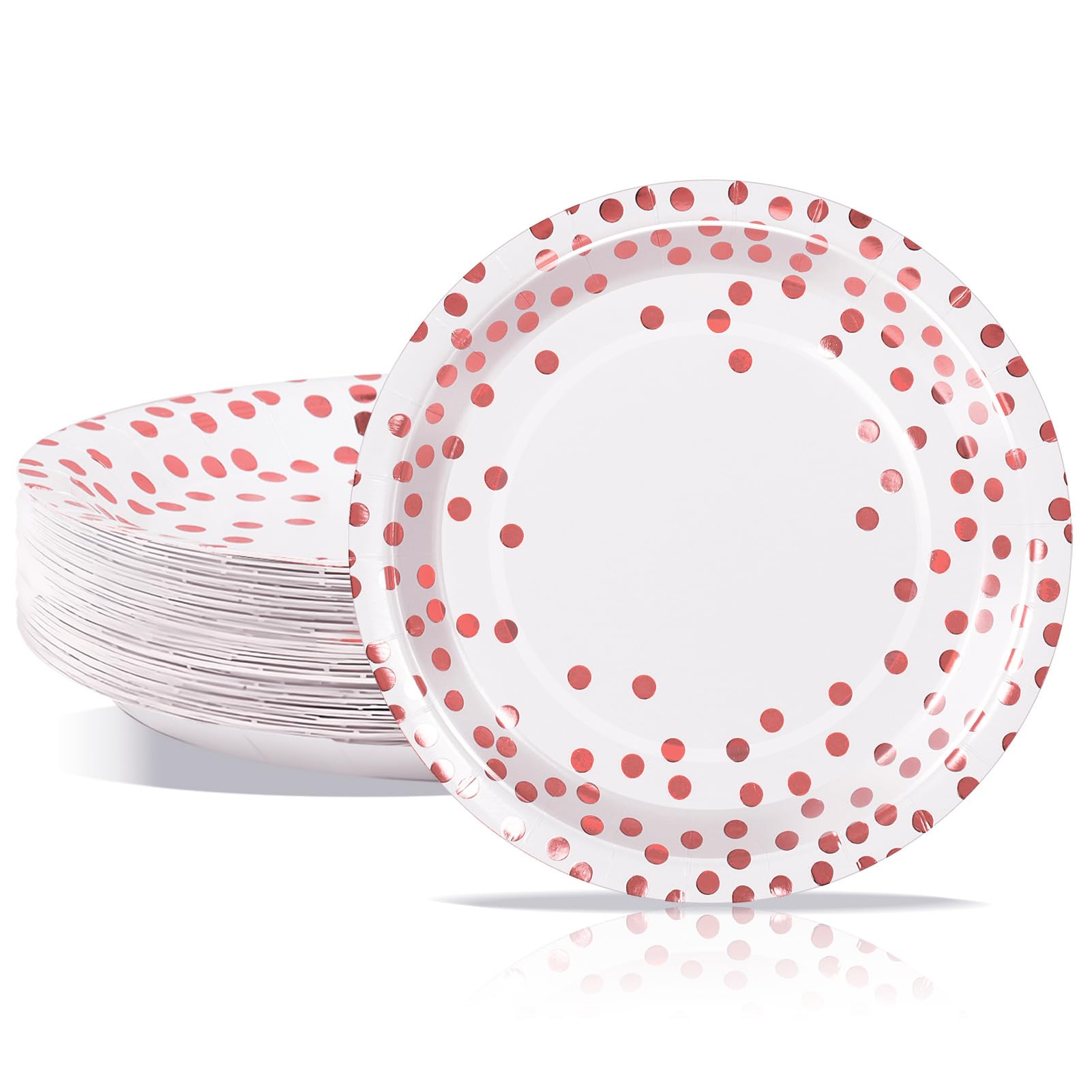 PYAILI Party Paper Plates, 50-Pack Disposable White and Rose Gold Plates, Foil Polka Dots, 18 Centimetres-7 Inch