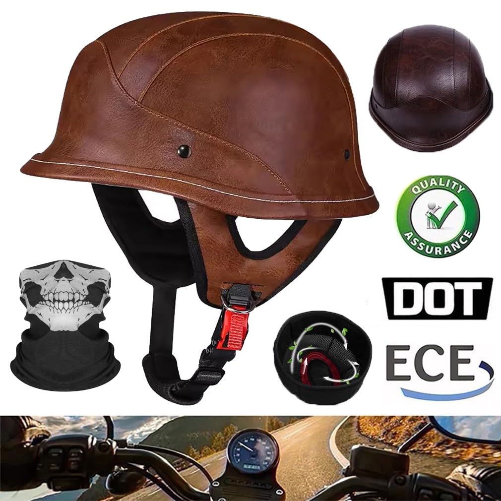 Niemiecki kask motocyklowy, skórzany, półskorupowy, z certyfikatem ECE, kask z maską i okularami, wyjmowana wyściółka wewnętrzna, rozmiar M ~ XL, 57 ~ 62 cm
