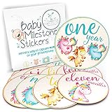 Baby Monthly Stickers for Onesie or Scrapbook - 12 Unicorns Unisex Milestone Month Stickers for Your Baby's First Year Growth - Boy or Girl