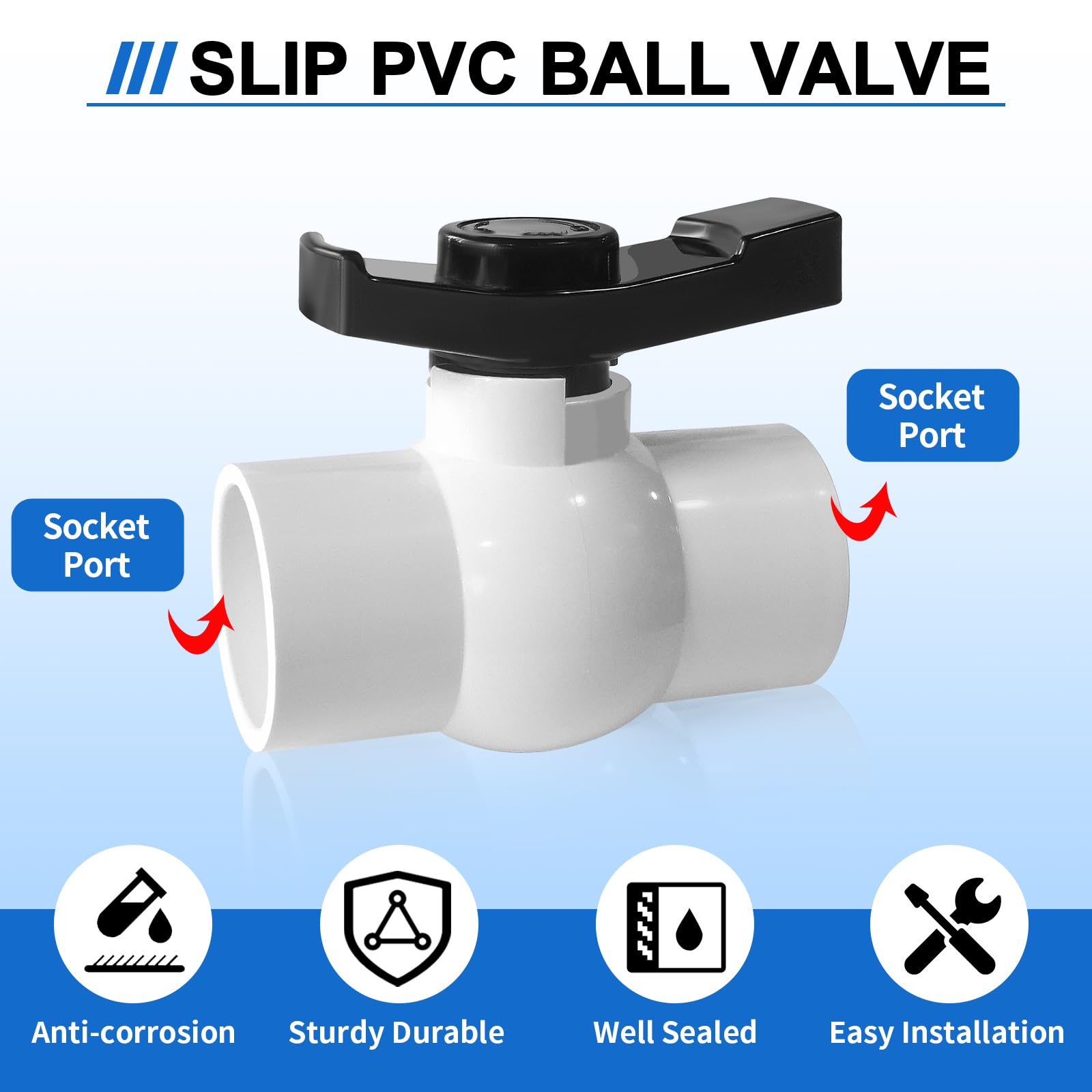 2 válvulas de bola de PVC, válvula de bola de cierre de PVC de 2 pulgadas, válvula de bola de PVC deslizante con mango ágil en "T", uso para uso comercial, piscina, sistema de riego, etc