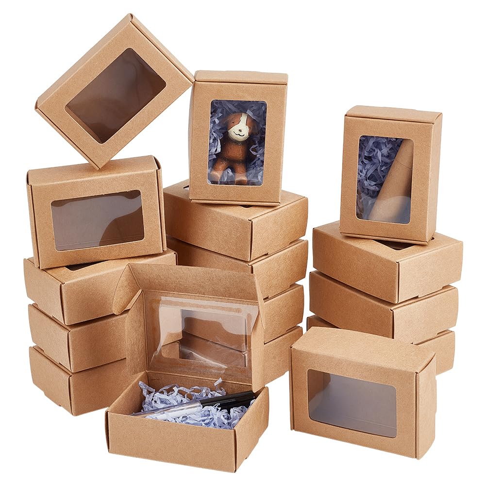 BENECREAT 30個85x60x30mmクラフト紙ボックス クリア窓 折り畳み ボックス 包装 ハンドメイド
