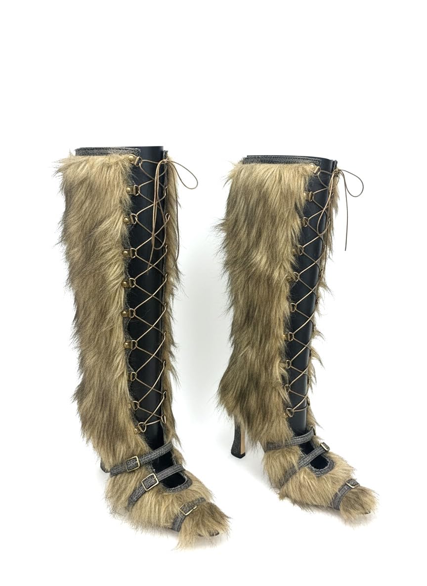 Buckle Straps Faux Fur Knee High Boots Lace Up Furry Boot for Women
