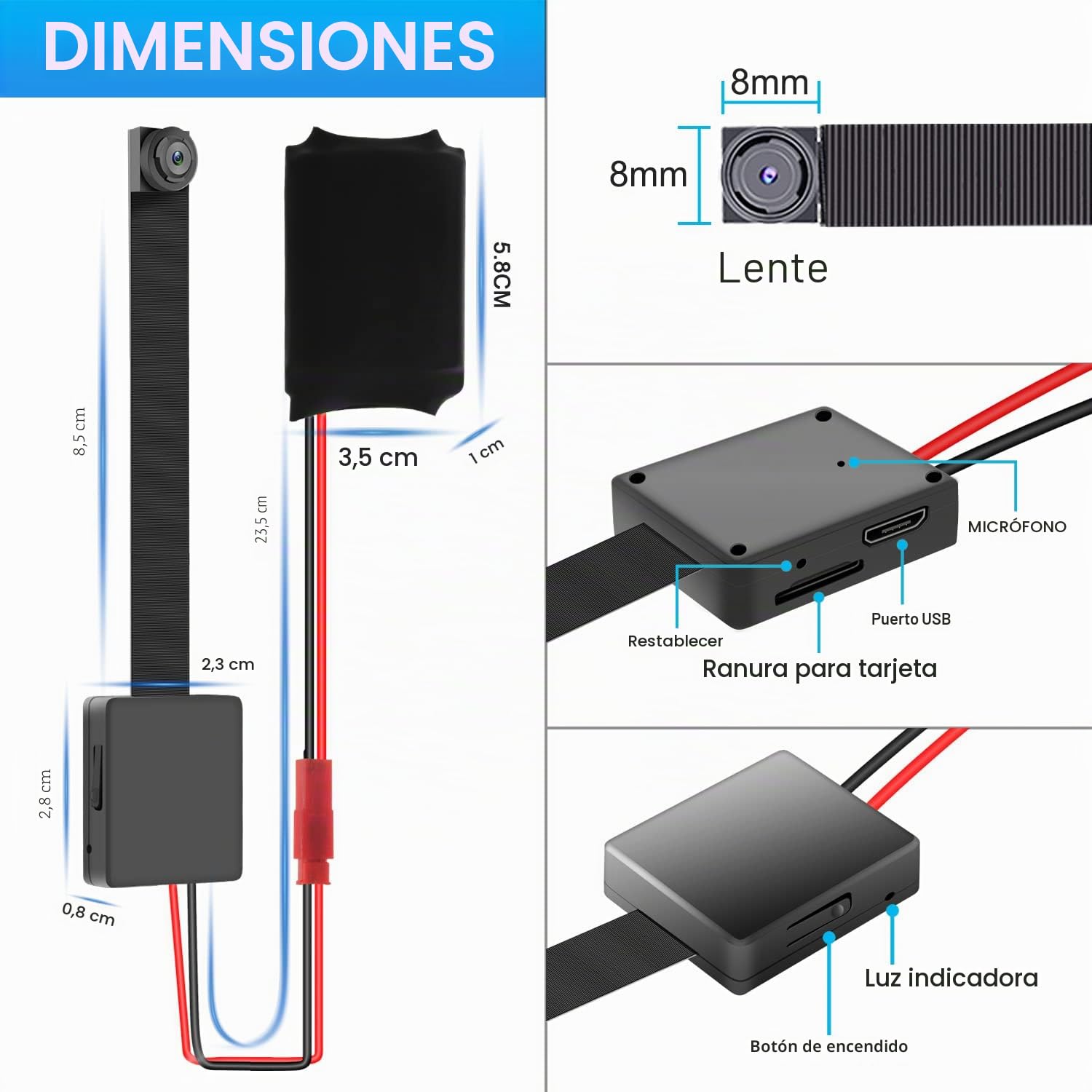 Cámara Espía 1080P Mini Cámara Espía oculta micro Cámara de Vigilancia Compacta con Detección de Movimiento Cámara con tarjeta SD de 16 GB/Batería externa de larga Duración/Grabación de audio y Vídeo
