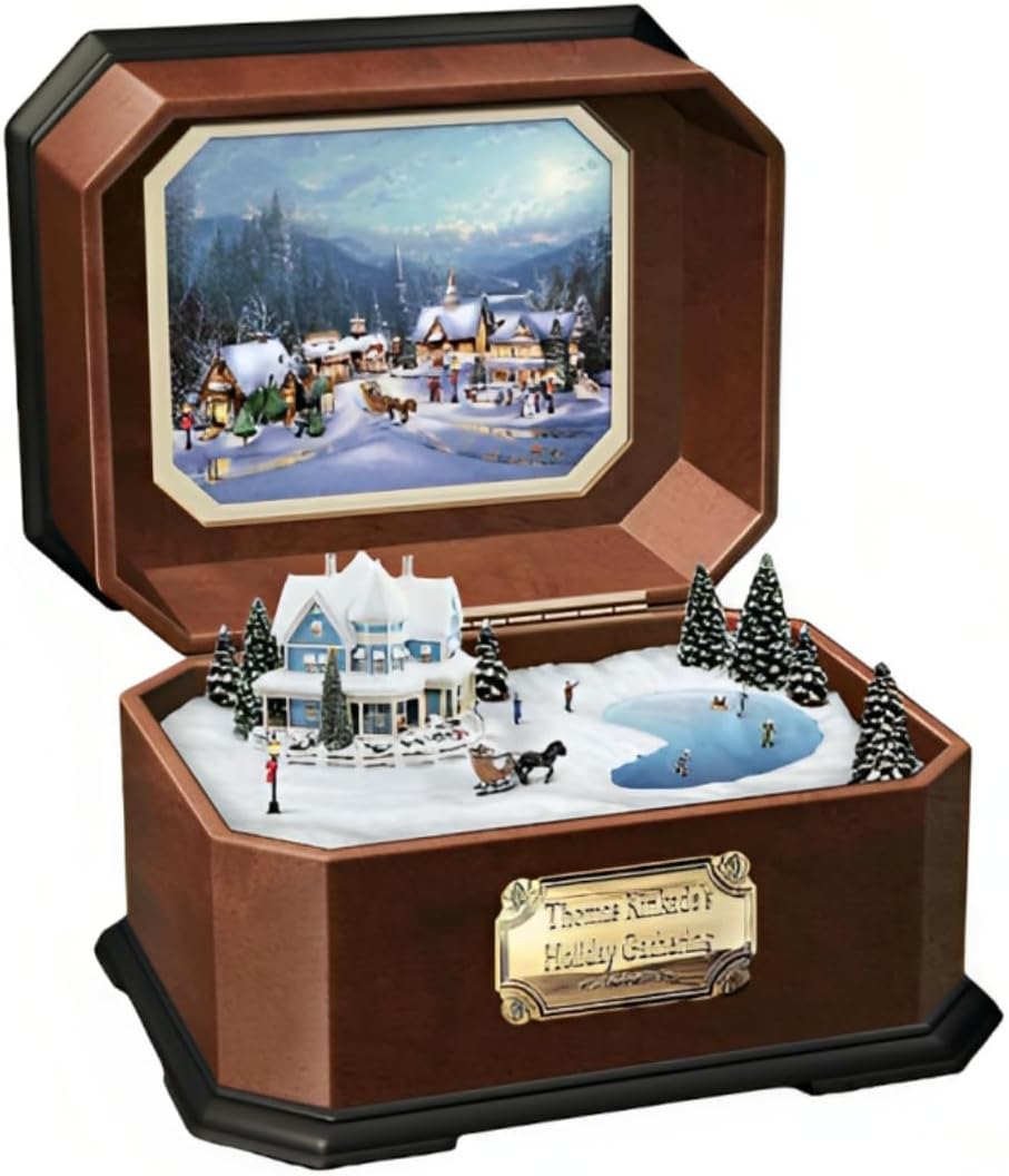 The Bradford Exchange Holiday Gathering Music Box Miniature Artwork in Mahogany-Finished Box Plays I'll Be Home for Christmas Picturesque Village Art Christmas Decoration by T-Kinkade 17cm W
