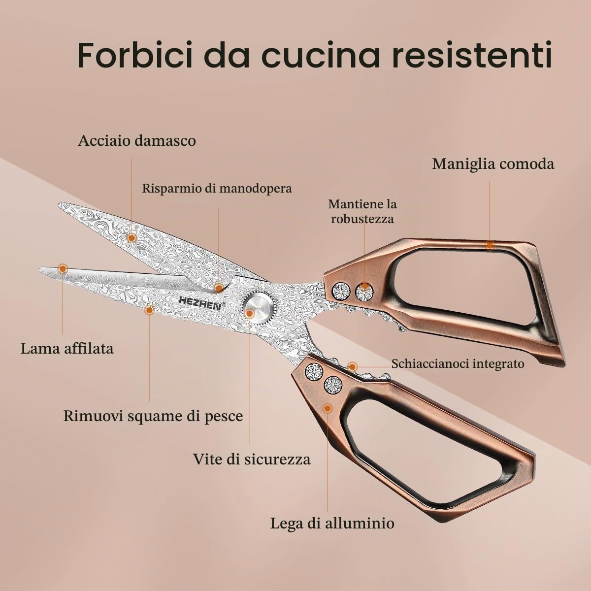 HEZHEN Forbici Da Cucina Acciaio Damasco,Cesoie da Cucina Multifunzionali,Heavy Duty Forbici per Alimenti, Manico in Lega di Alluminio