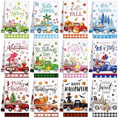 FuWeave 12 Pcs Seasonal Kitchen Towels Set for All Holidays Truck Dish Towels Fall Halloween Christmas Hand Towels Drying Tea Towels Cute Absorbent Dishcloths Decorative Wash Cloths, 21.3 x 14.2 Inch Cover