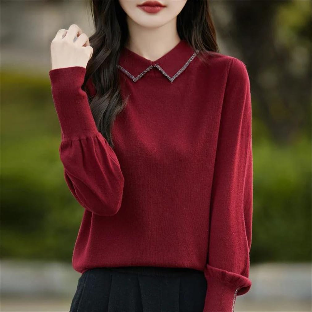 Suéter de lana merino para mujer, cuello de solapa, suéter de punto de manga larga