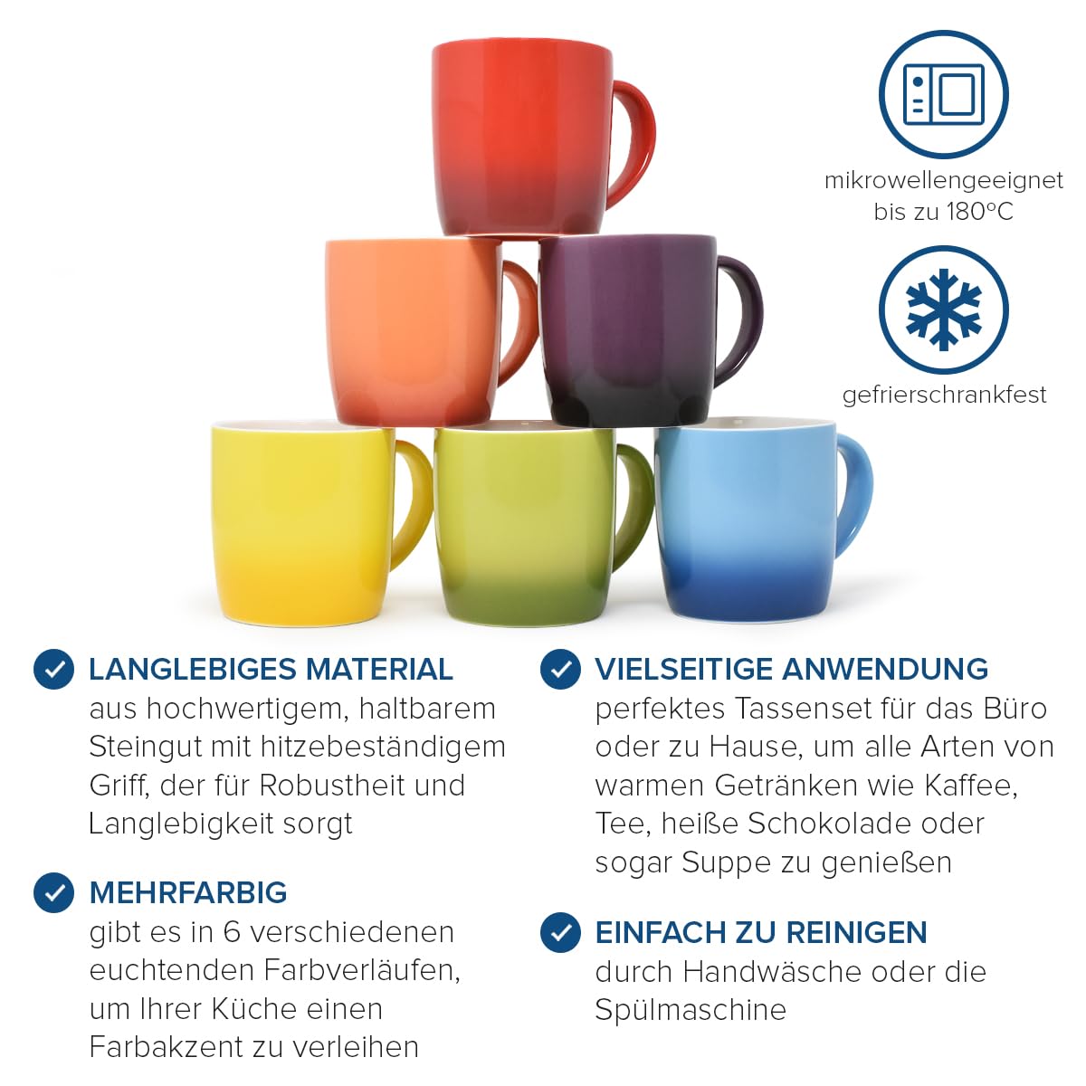 Kaffeetassen Set 6 Stück bunt Steingut 350ml – Joeji's Kitchen Ombré