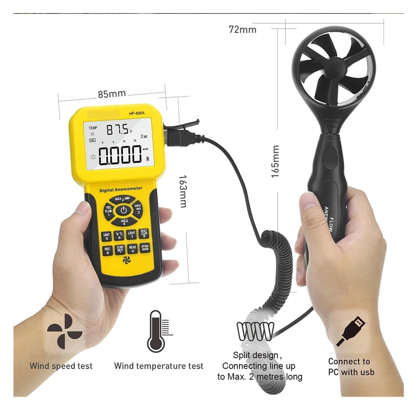 856A Digital Wind Speed Air Volume Meter Anemometer USB/Handheld with Data Logger and Carry Case