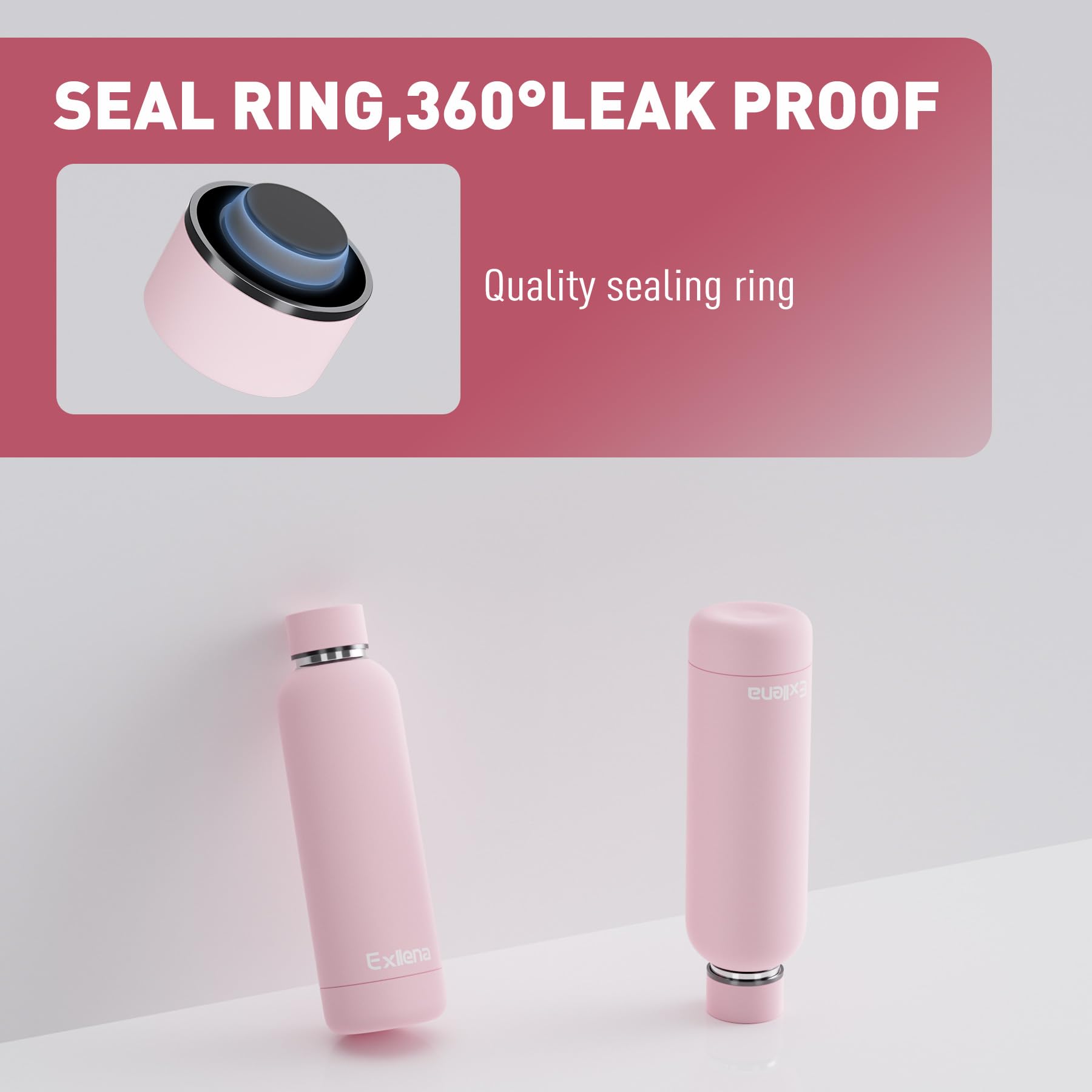Exllena Borraccia Termica 500 ml - Bottiglia Termica Doppio Vuoto Mantenere Calore/Freddo - Senza BPA - 100% A Tenuta Stagna con Anello per Tote (Rosa)
