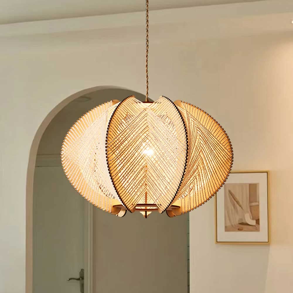 LQZCXMF Bamboo Chandelier Vintage Bamboo Woven Light with Wood Canopy, E26 Paper Rope Shade Ceiling Hanging Lamp Shades for Kitchen Island,Farmhouse,