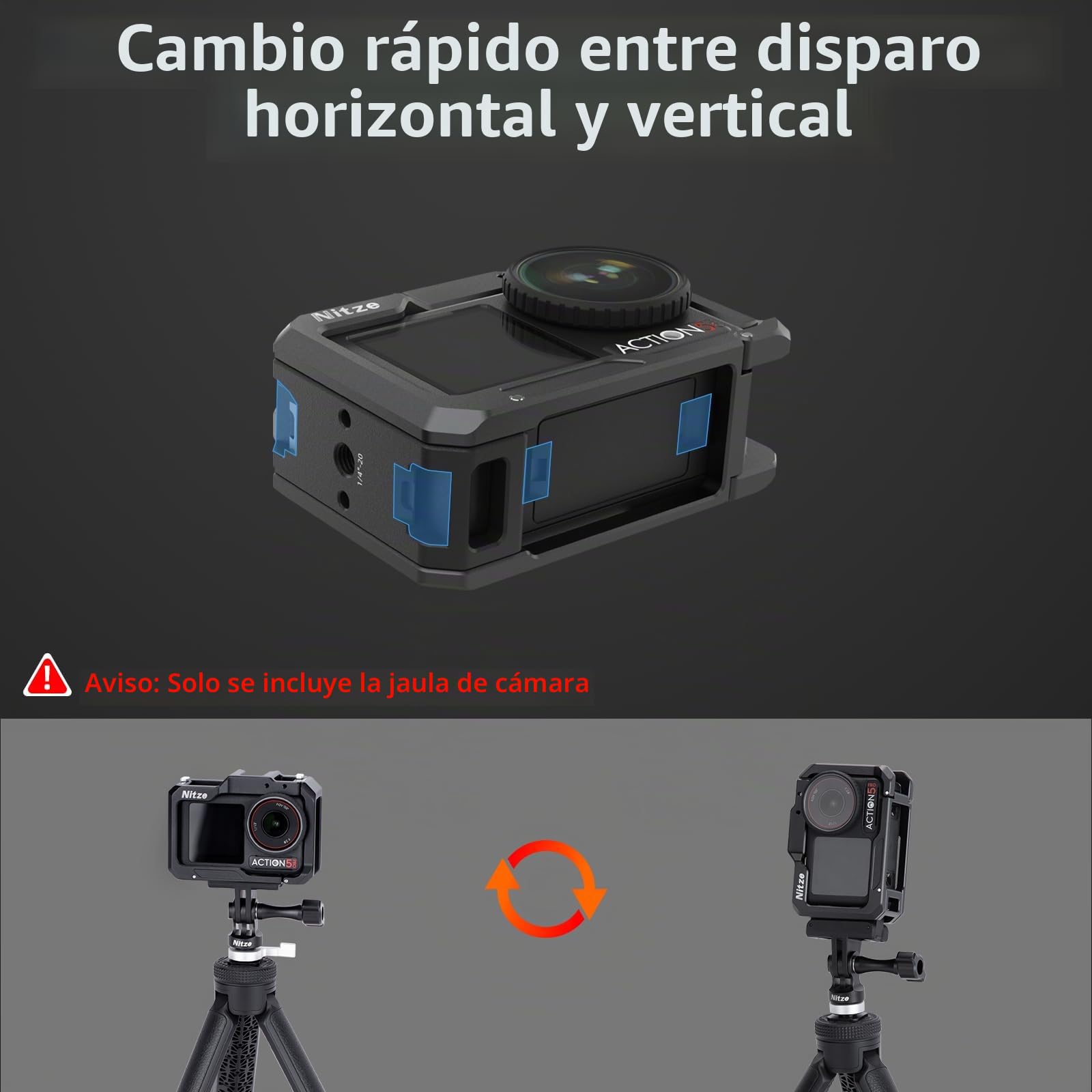 Nitze Jaula para DJI Osmo Action 5 Pro, Action 4, Action 3, jaula de metal de aluminio con interfaz magnética, orificio de rosca de 1/4", zapata fría para micrófono o luz LED de vídeo - T-D03A