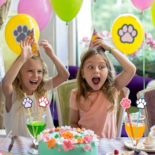 Miniatura 6 de 24 piezas de suministros para fiesta de cumpleaños de perros, pajitas de bebida con patrón de patas, adecuadas para fiestas temáticas de perros,