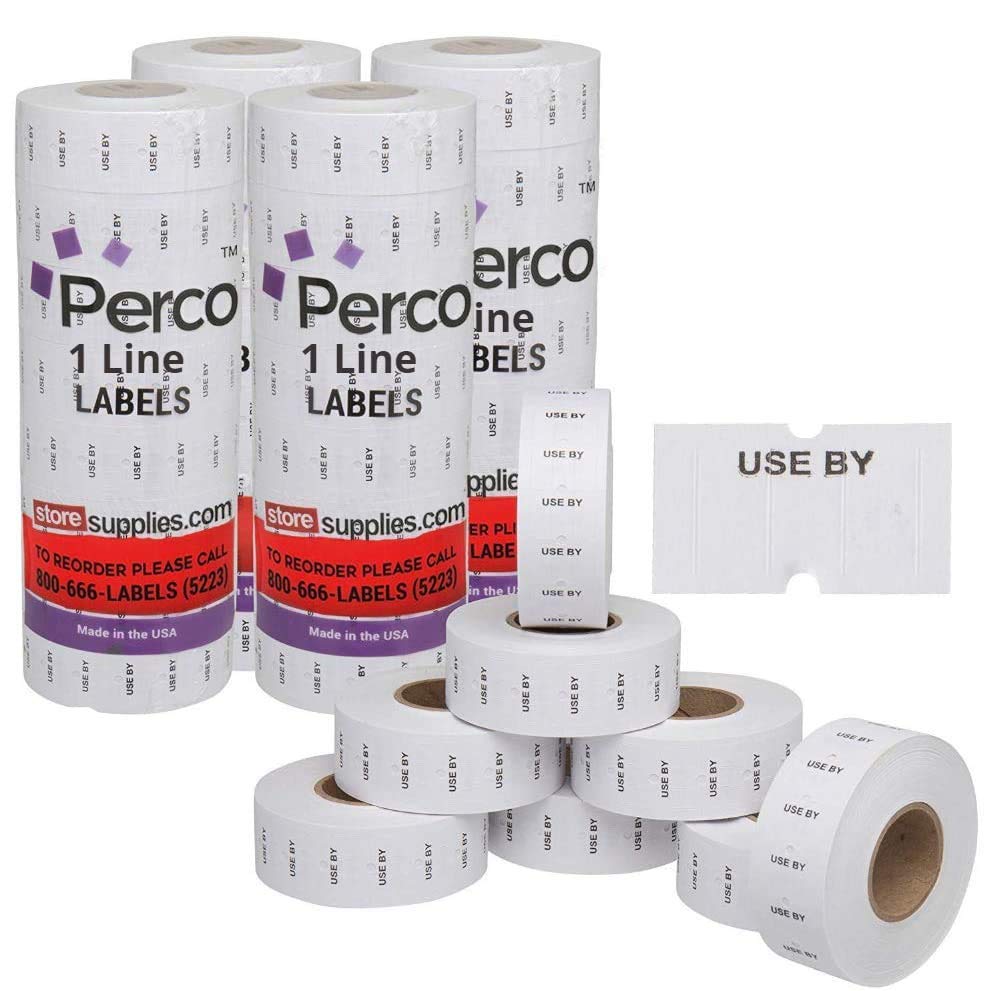 Perco 1 Line USE by Labels - 32 Rolls, 4 Sleeves, 32,000 Blank Date Gun Labels for Perco 1 Line Date Guns - Made in USA