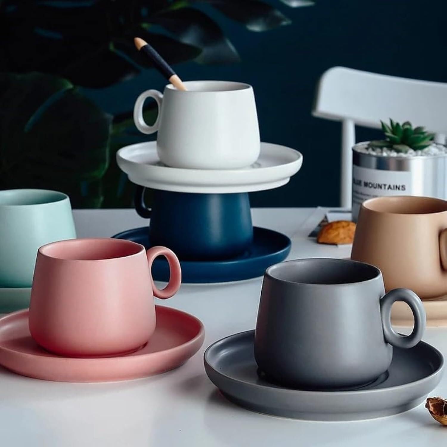 Tazas De Cafe Taza De Café Porcelana, Juego Tazas Cerámica, Leche Flores Capuchino Simples, Vaso Té(Khaki)