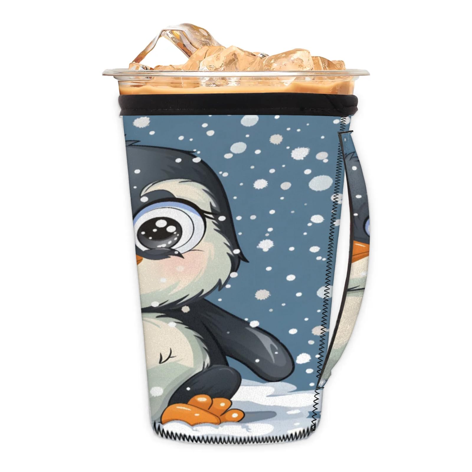 Abstract Snowflake Cartoon Penguin Reusable Neoprene Coffee Sleeve with Handle Insulated Iced Coffee Cup Holder Reduces Condensation Fits 24-28 oz Cups M