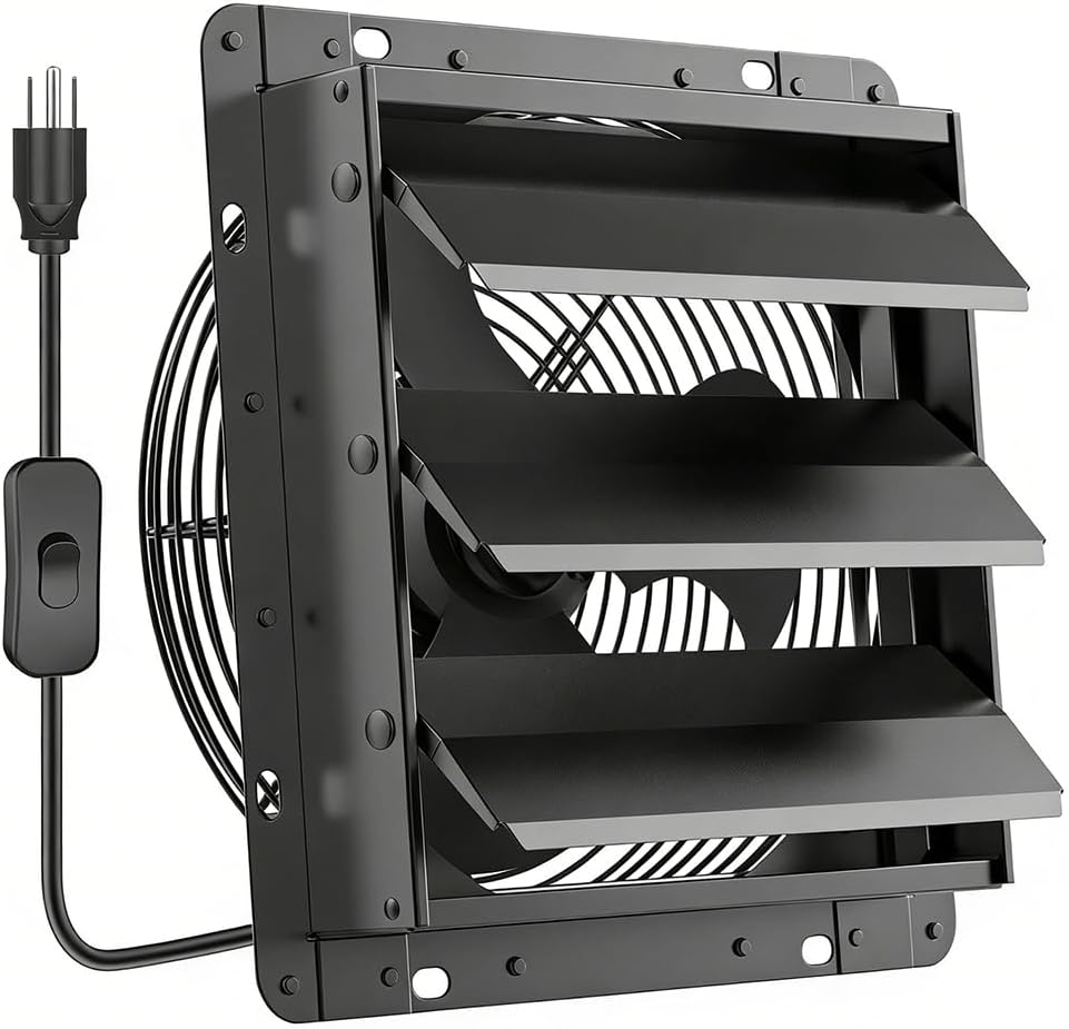 HG Power 10 Inch Shutter Exhaust Fan, 647CFM Quiet Garage Exhaust Fan with 8 Foot Long ON/OFF Switch Cable for Chicken Coop, Shed, Basement, Gable, Kitchen, Attic Ventilation Use, Black