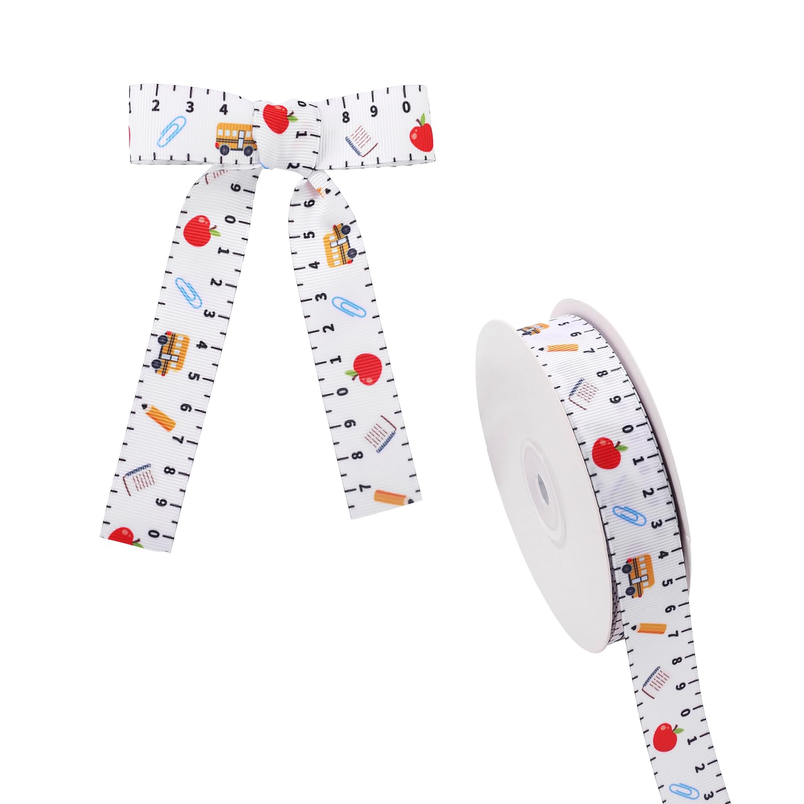 School Themed Ruler Ribbon, 9.14m/10 Yards x 2.5cm/1in School Bus Apple & Pencil Pattern Grosgrain Ribbon for Teacher Appreciation Gift Wrapping Classroom Decor DIY Crafts