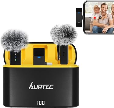 Wireless Lavalier Microphone with Charging Case for Type C/USB C Phones, Set of 2, Plug & Play, 100 Ft Range, Noise Cancellation and Large Battery