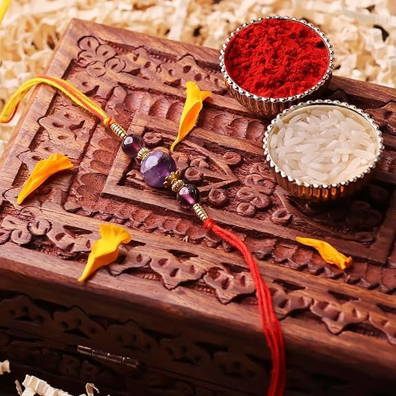 Image of Shubhanjali Crystal Beads Rakhi for Brother | Handmade Healing Crystal Stone Designer Rakhi for Bhaiya | Raksha Bandhan Gift Set with Roli Chawal, Kumkum, Greeting Card & Potli
