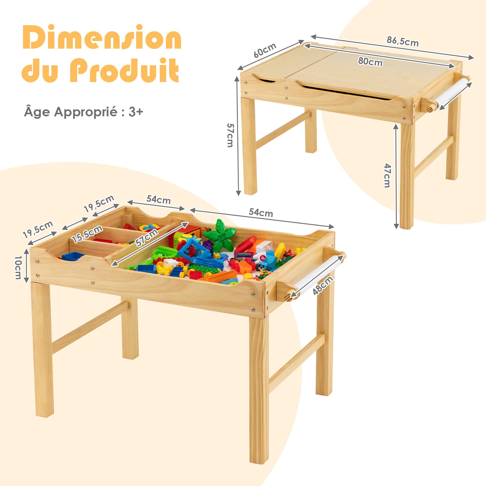 DREAMADE Table de Jeu Multi-Activités en Bois Enfants 80x60x57CM,Table de Construction Réversible Tout-Petits 3+Ans avec Plateau Double Face,Rouleau de Papier,3 Cubes,Papier Dessin (Naturel)