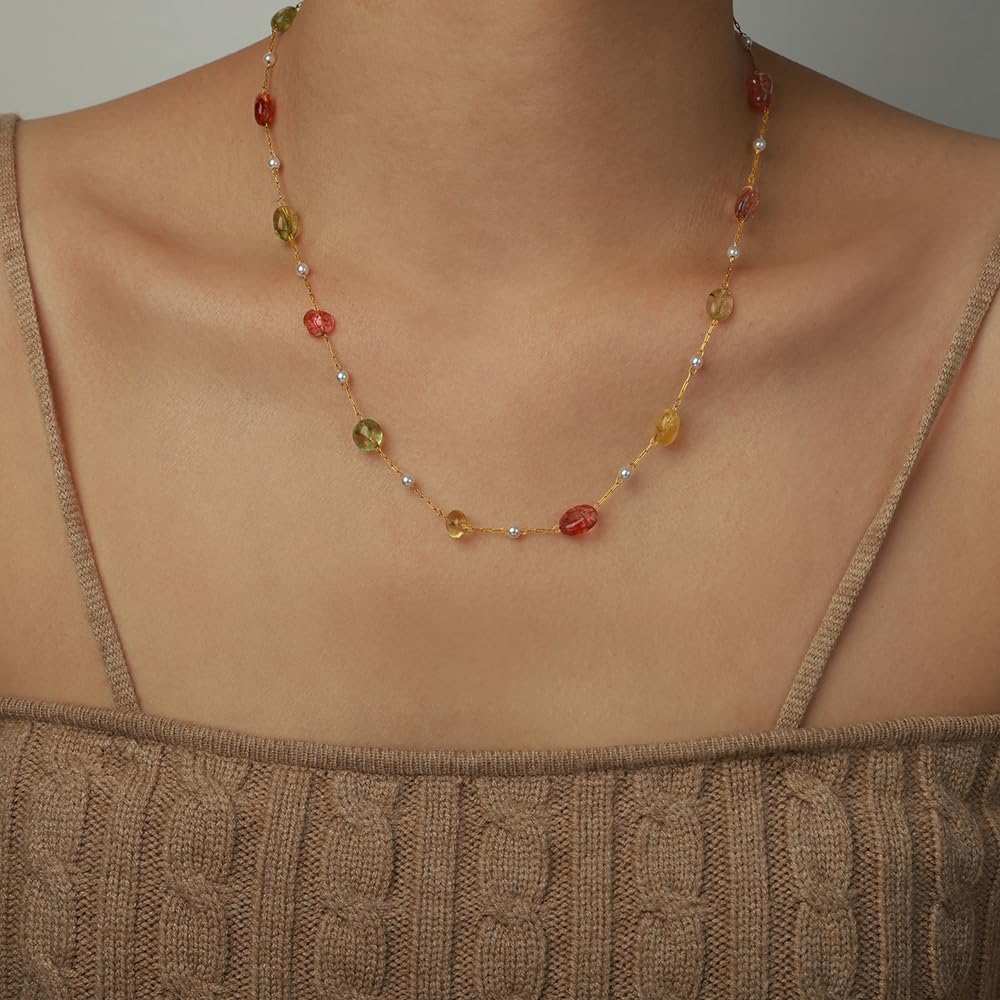 JUN MEIR'S 18K Gold Plated Charm Necklace for Women,Colorful Nature Stone Chain, Birthday Anniversary Jewelry Gifts for Wife, Mom, Best Friend - Image 3