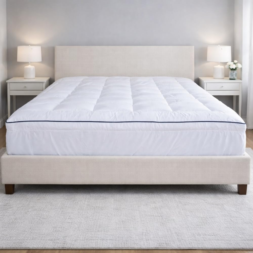 Mhg Living White 5Cm Thick Mattress Topper Double (190 X 135 Cm) – Hollowfibre Box Stitched Topper With Microfibre Fitted Sheet Skirt – Easy On Easy Off, Breathable & Soft Touch (Double)