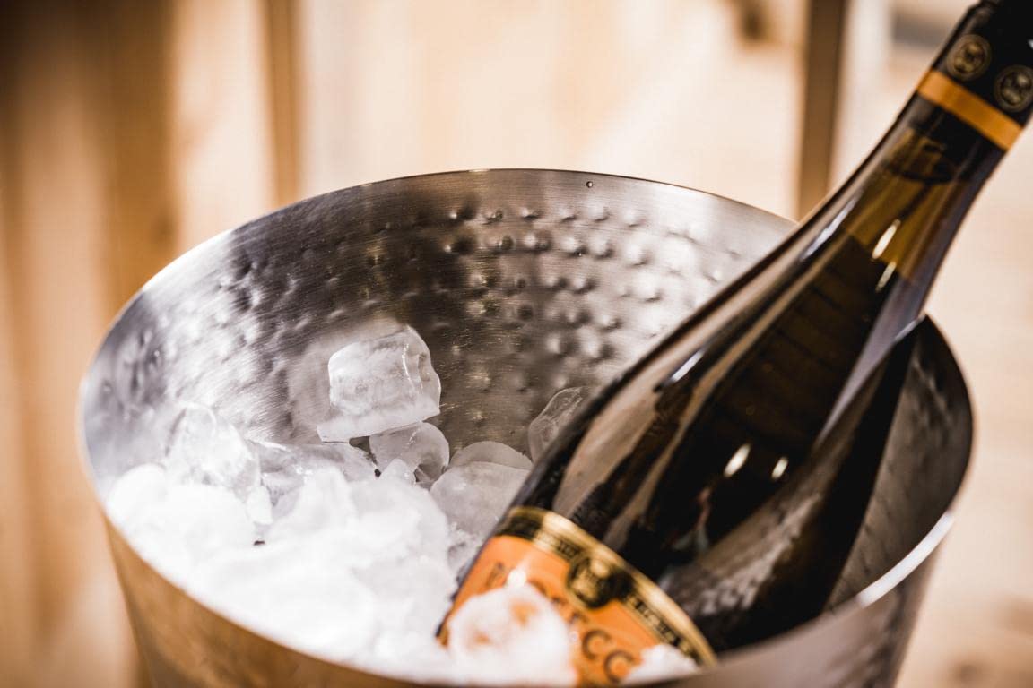 Rafraîchisseur de champagne sur pied, refroidisseur de vin avec support, refroidisseur de bouteilles, refroidisseur de bouteille en acier inoxydable argenté pour fêtes – vin et champagne – XL 80 cm