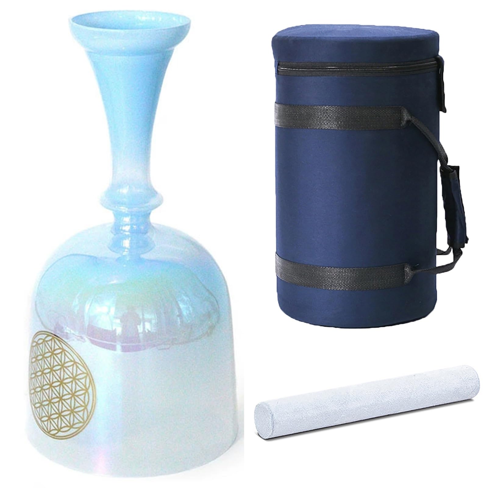 Cuenco tibetano de cristal con mango de color cian y mazo con estuche de transporte