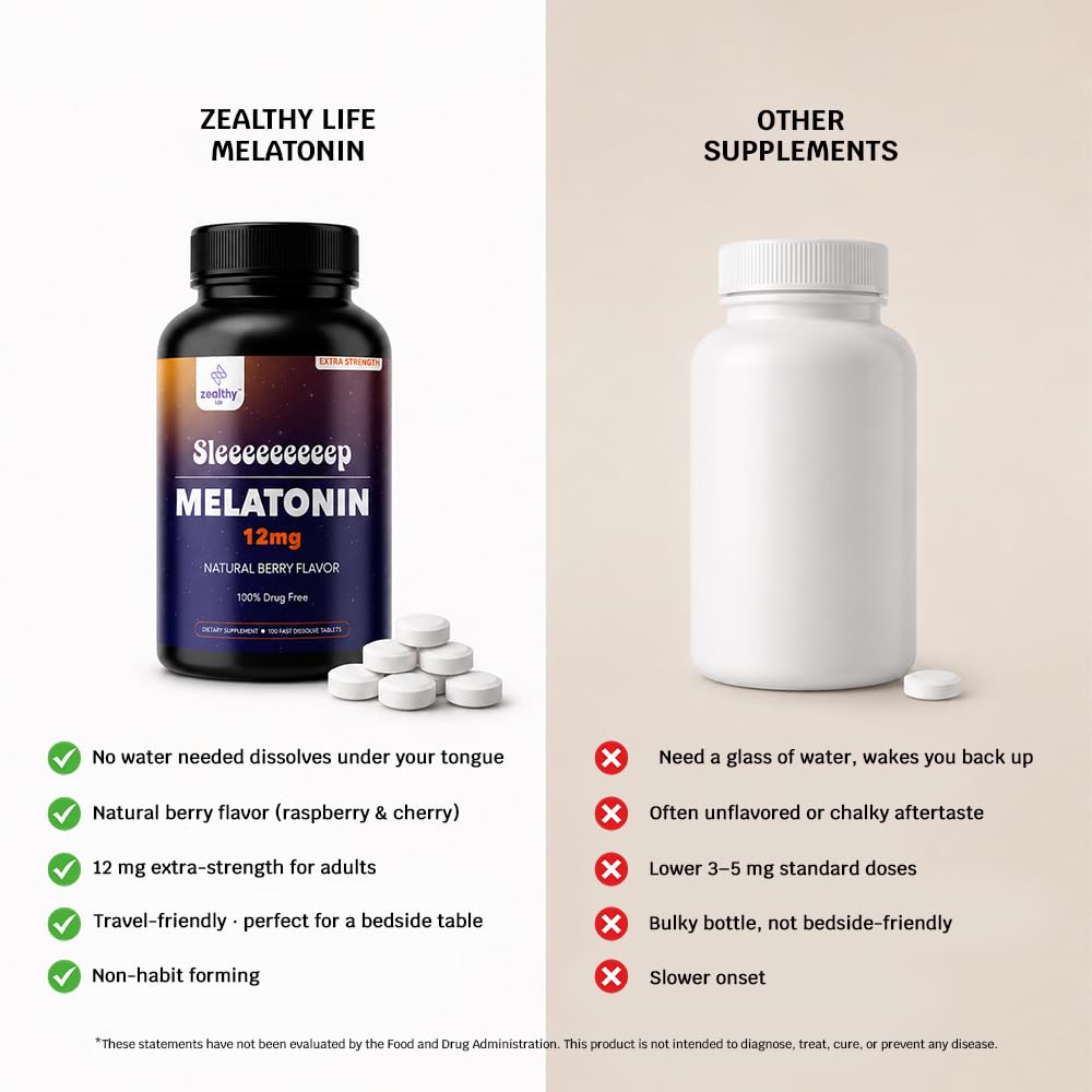 Melatonin Fast Dissolve 12mg Tablets, Natural Berry Flavor, 100 Count, Extra Strength Sleep Support for Adults, Non-Habit Forming, 100-Day Supply — Amazon image 9