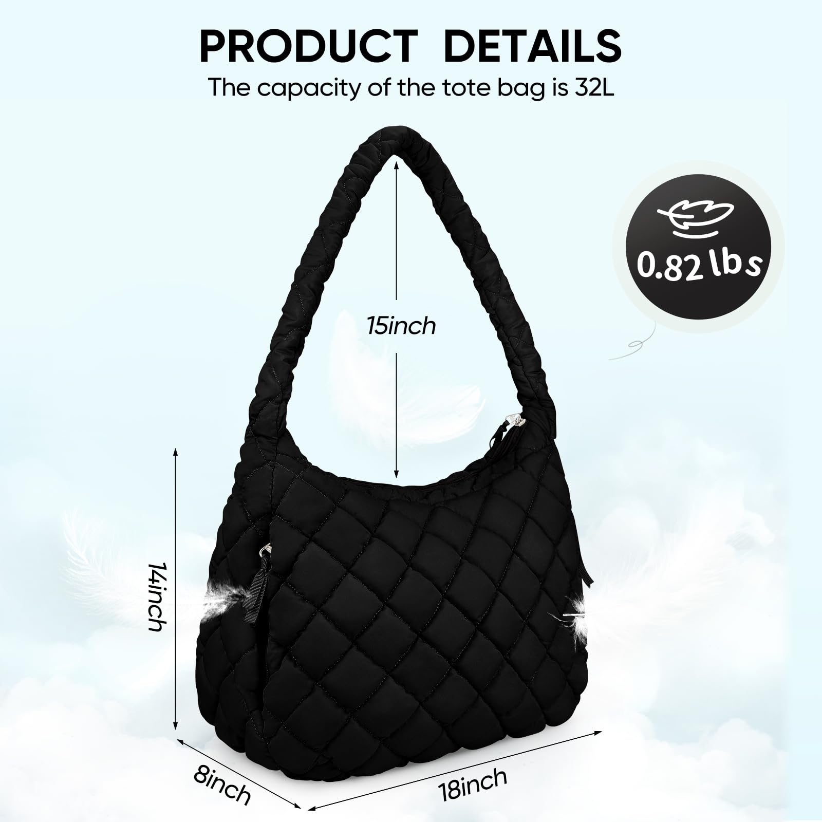 QYQMEYQ Quilted Tote Bag, Large Carryall Puffer Shoulder Bag for Women, Comfort Puffer Crossbody Shoulder Bag, Lightweight Padding Hobo Bag (Black)