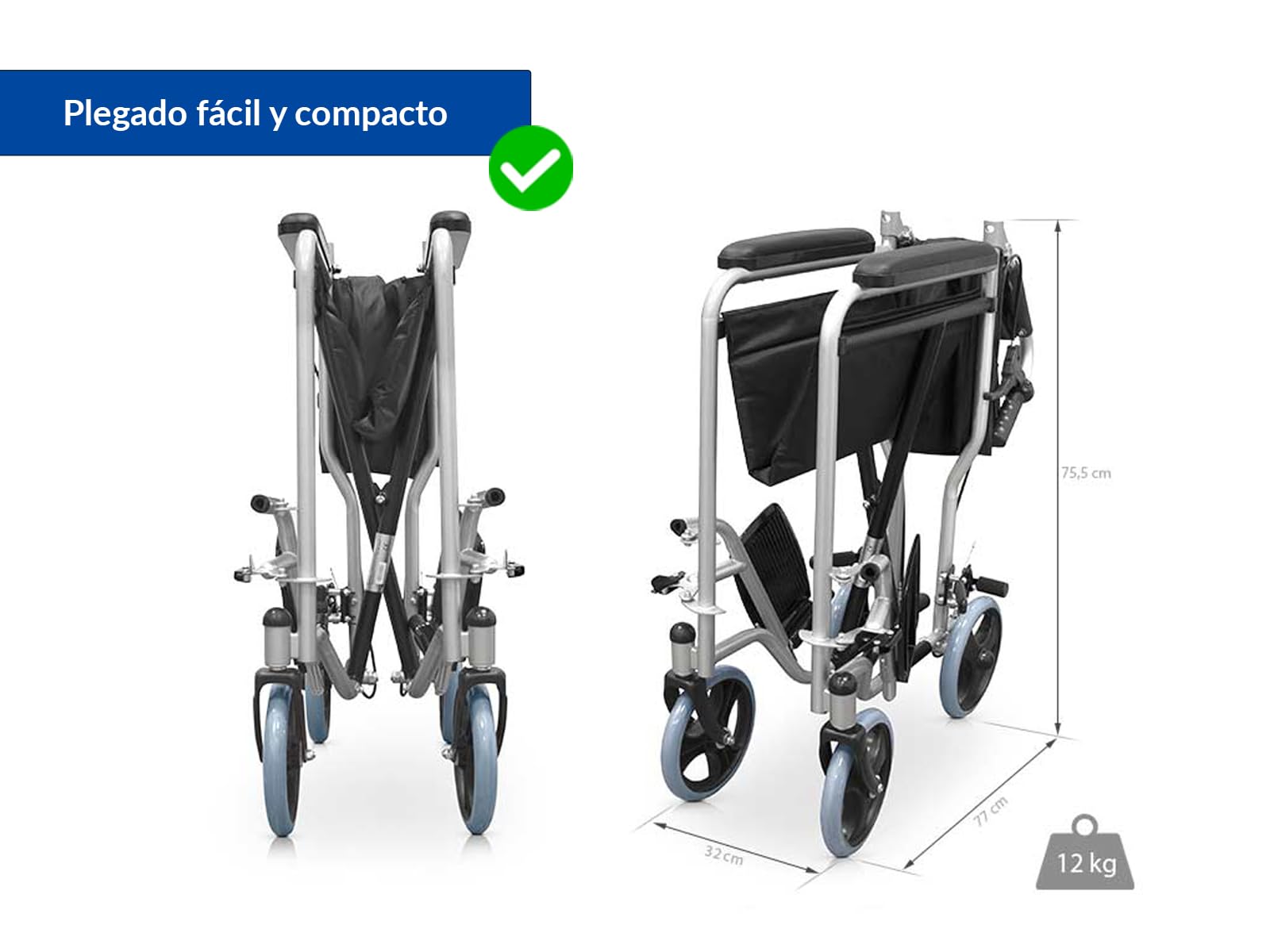 QUIRUMED Silla de ruedas para casa, ancho asiento 41 cm, silla de ruedas de tránsito, Ligera, Plegable, Bolsillo portadocumentos, Para mayores, Para minusválidos