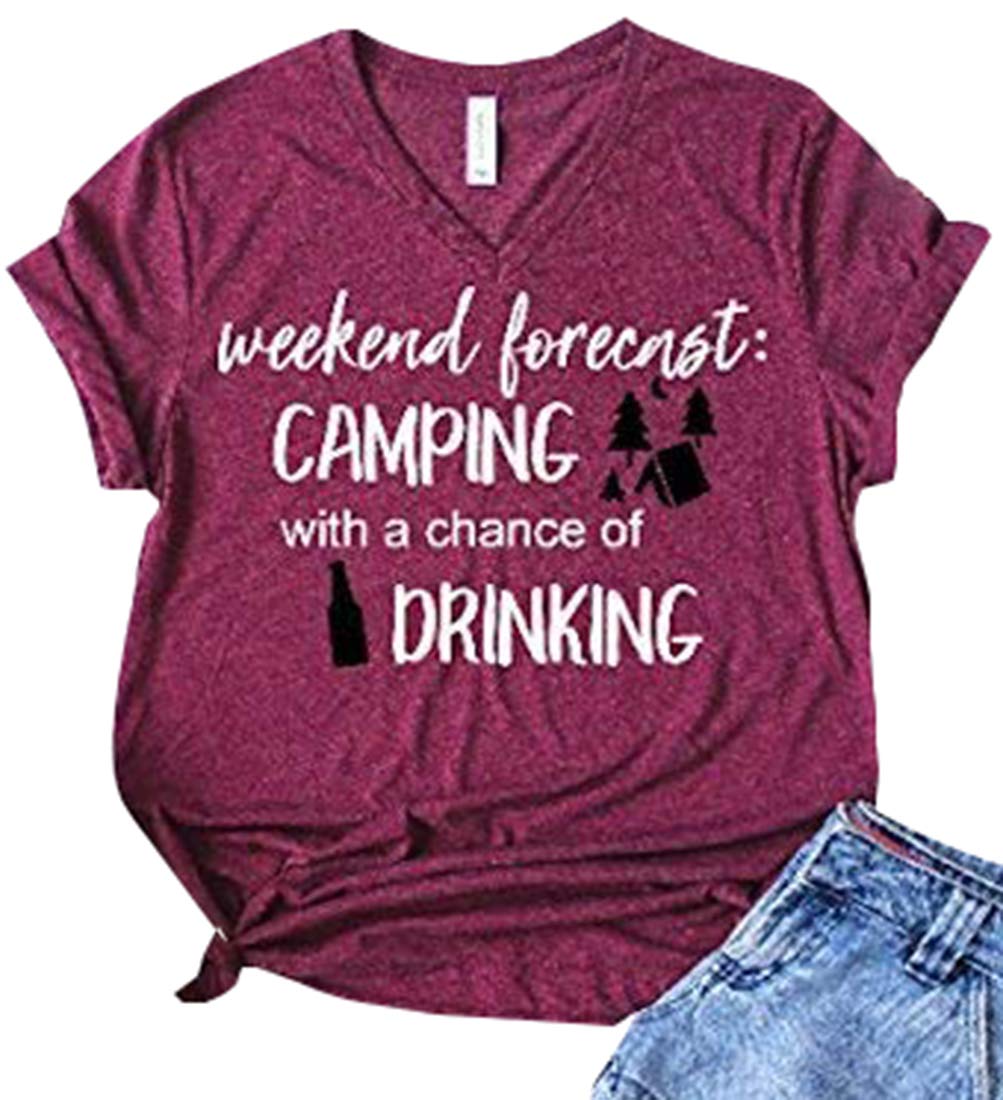 EXMIUNWeekend Forecast Camping Shirts Women Happy Camping Tshirt Funny Letter Graphic Print Tee Shirts V Neck Casual Top Blouse
